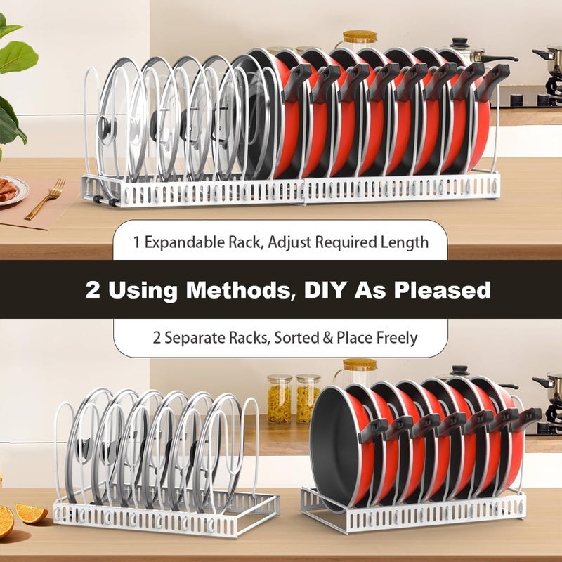 Housolution 2 Pack Pot and Pan Organizer Rack, 12"-23" Expandable Pot Lid Organizer with 14 Adjustable Dividers, Pan Holder Storage Rack for Kitchen Cabinet, White - Image 4